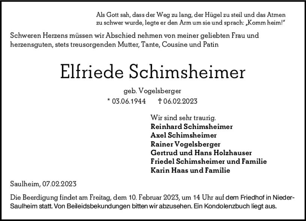  Traueranzeige für Elfriede Schimsheimer vom 08.02.2023 aus Allgemeine Zeitung Alzey