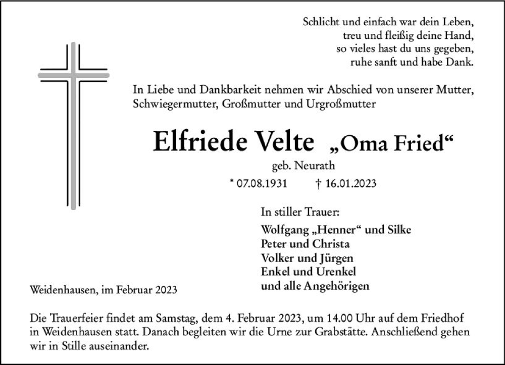  Traueranzeige für Elfriede Velte vom 01.02.2023 aus Hinterländer Anzeiger