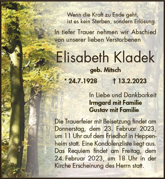 Traueranzeige von Elisabeth Kladek von Starkenburger Echo