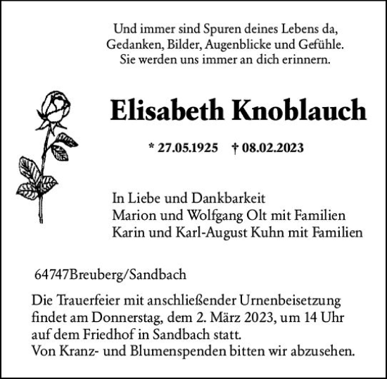 Traueranzeige von Elisabeth Knoblauch von Odenwälder Echo