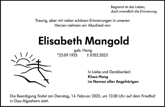 Traueranzeige von Elisabeth Mangold von Allgemeine Zeitung Ingelheim-Bingen