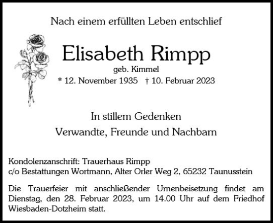 Traueranzeige von Elisabeth Rimpp von Wiesbadener Kurier