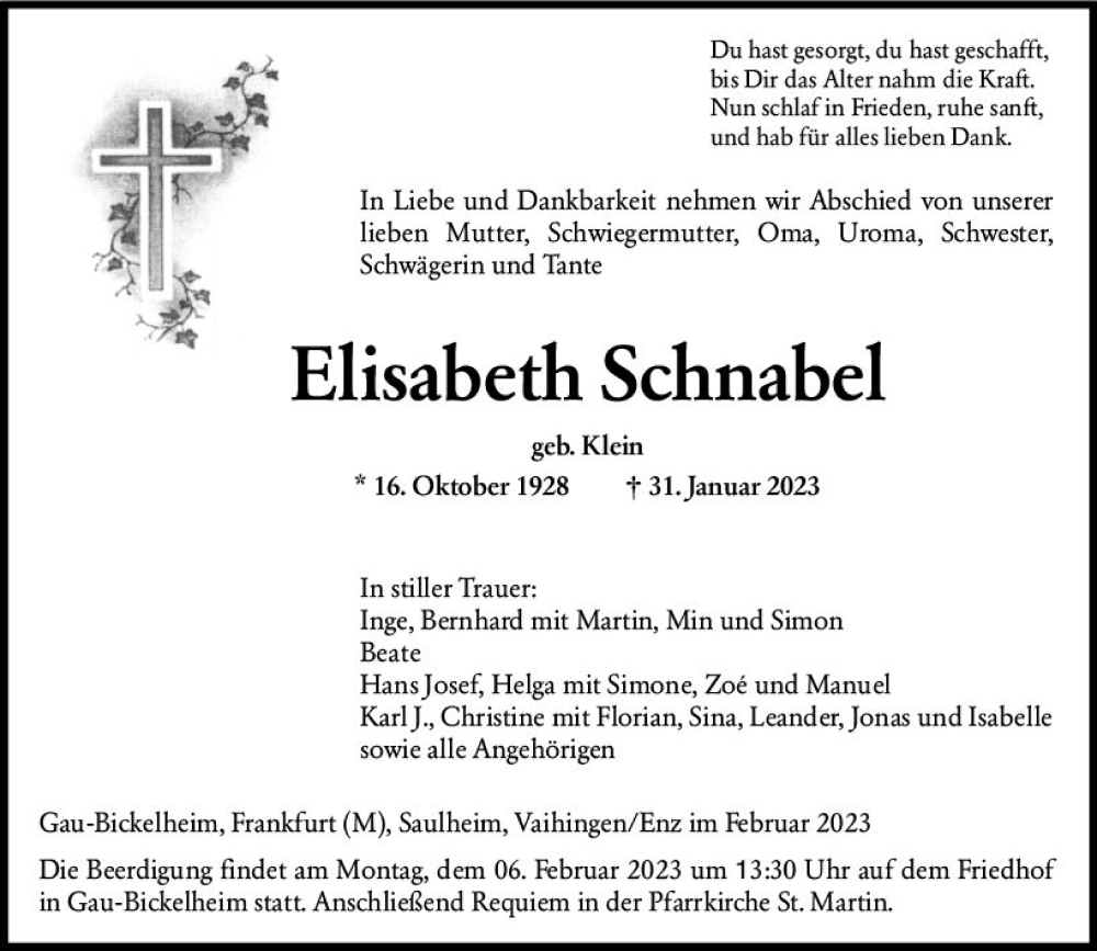  Traueranzeige für Elisabeth Schnabel vom 04.02.2023 aus Allgemeine Zeitung Alzey