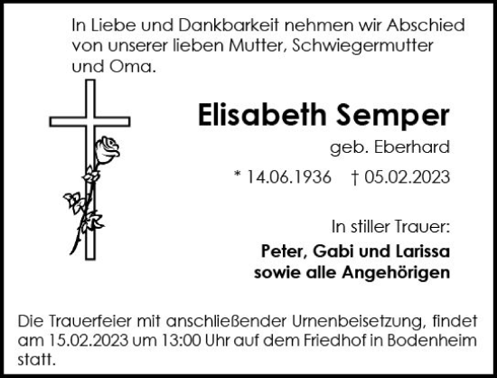 Traueranzeige von Elisabeth Semper von Allgemeine Zeitung Mainz