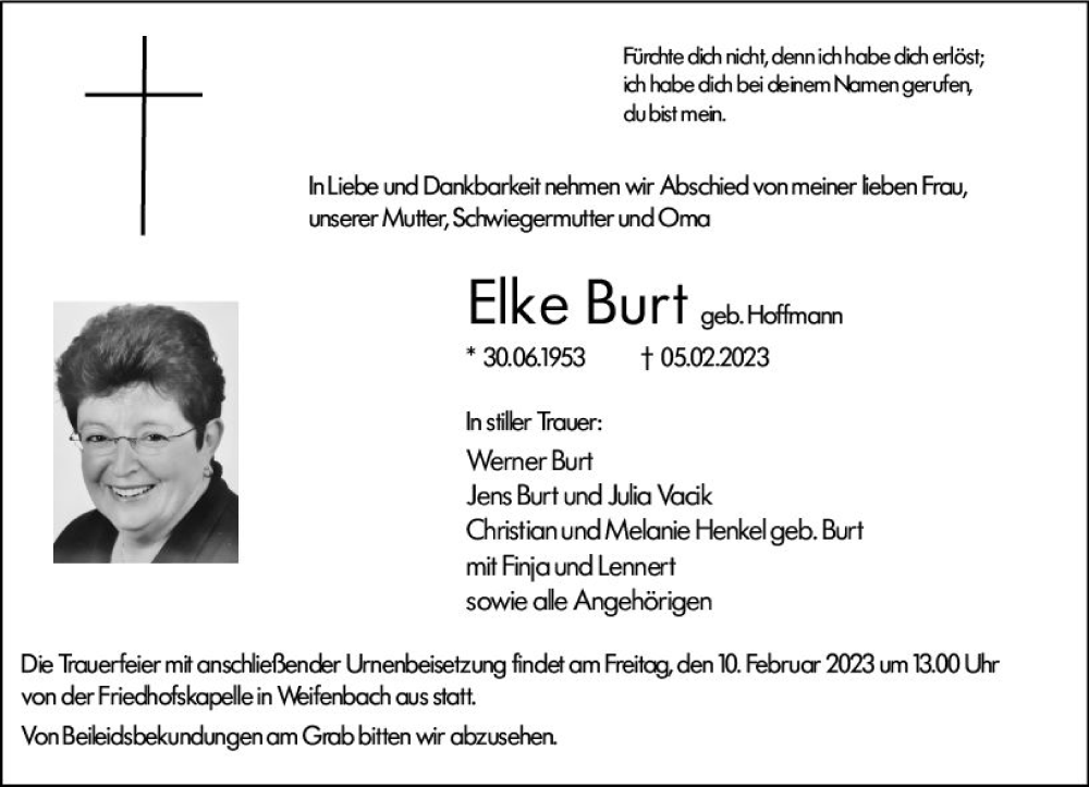  Traueranzeige für Elke Burt vom 08.02.2023 aus Hinterländer Anzeiger