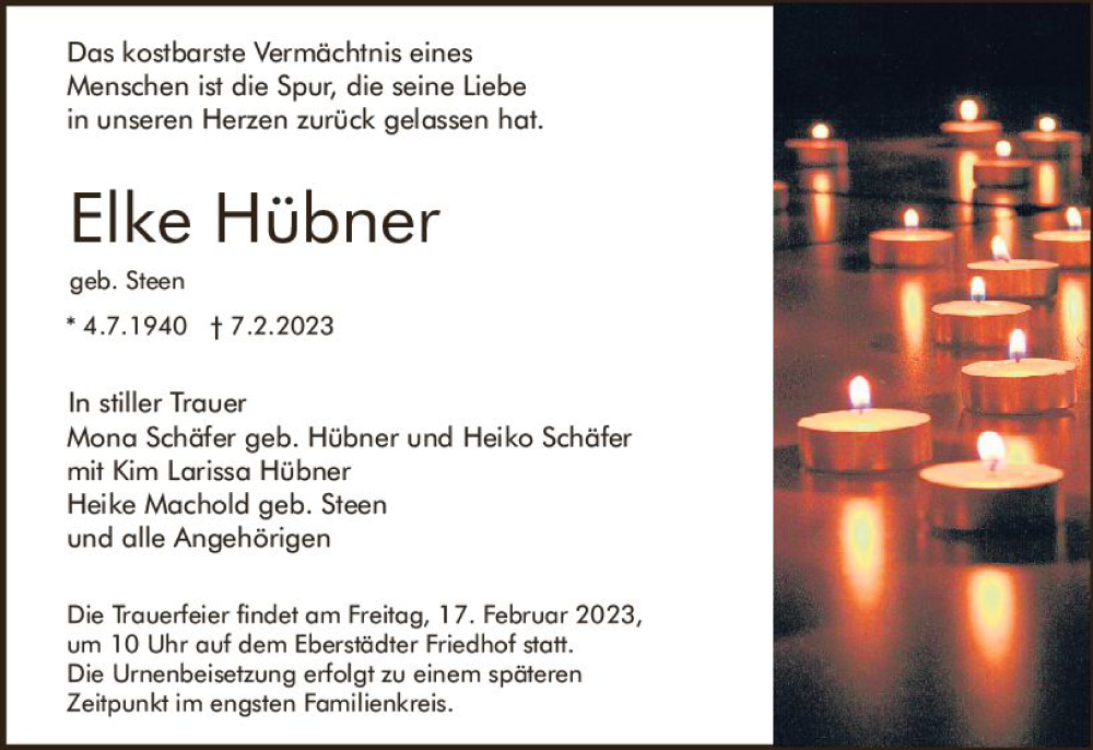  Traueranzeige für Elke Hübner vom 11.02.2023 aus Darmstädter Echo