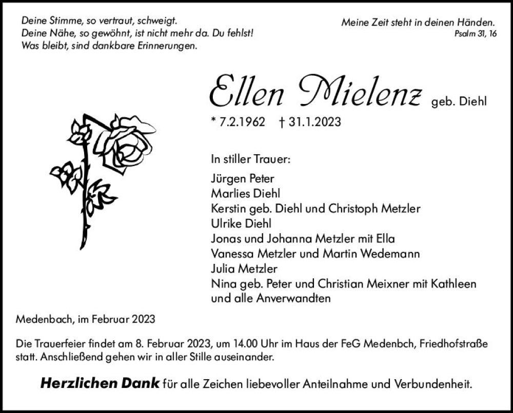  Traueranzeige für Ellen Mielenz vom 04.02.2023 aus Dill Block
