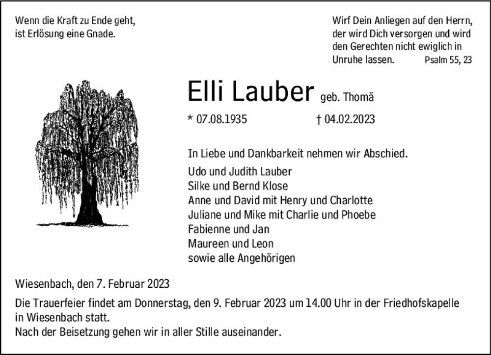 Traueranzeige für Elli Lauber vom 07.02.2023 aus Hinterländer Anzeiger