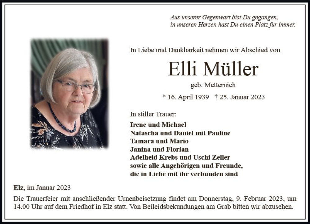  Traueranzeige für Elli Müller vom 04.02.2023 aus Nassauische Neue Presse