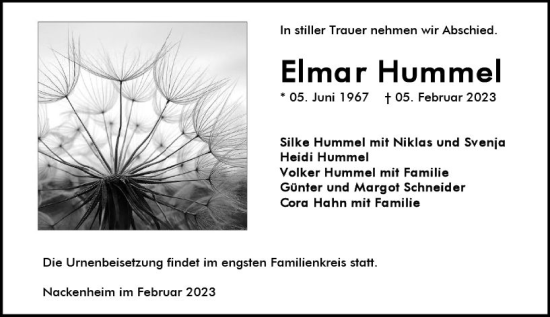 Traueranzeige von Elmar Hummel von Allgemeine Zeitung Mainz