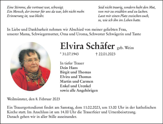 Traueranzeige von Elvira Schäfer von Weilburger Tageblatt