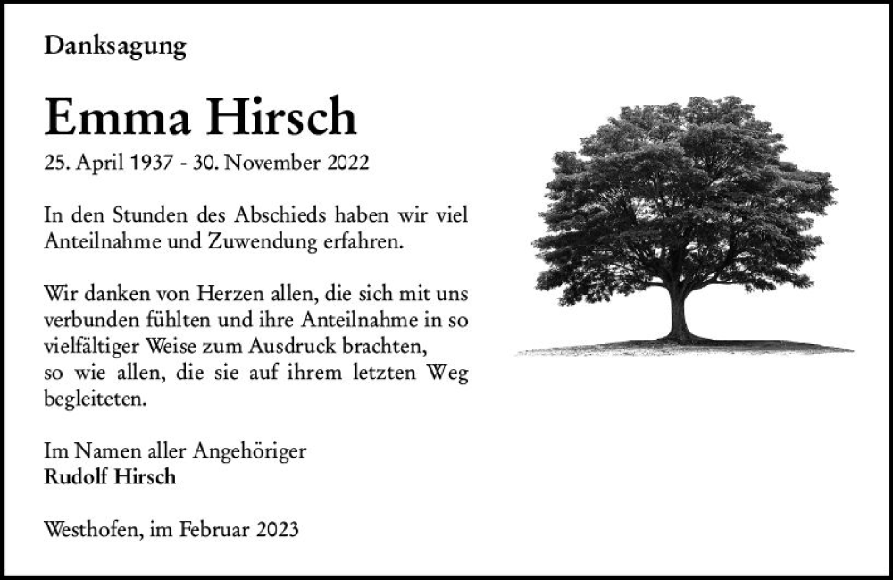  Traueranzeige für Emma Hirsch vom 04.02.2023 aus Wormser Zeitung