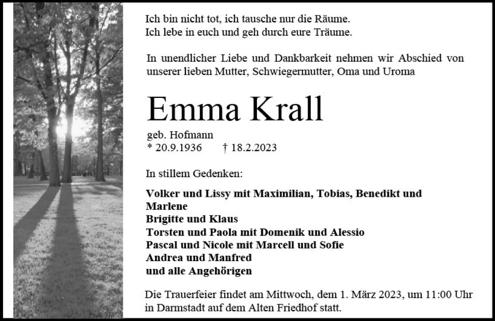  Traueranzeige für Emma Krall vom 25.02.2023 aus Darmstädter Echo
