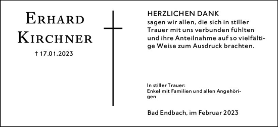 Traueranzeige von Erhard Kirchner von Hinterländer Anzeiger