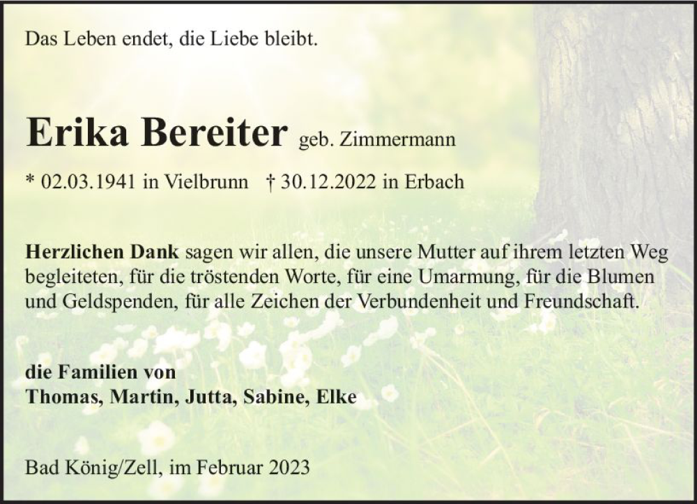  Traueranzeige für Erika Beireiter vom 04.02.2023 aus Odenwälder Echo