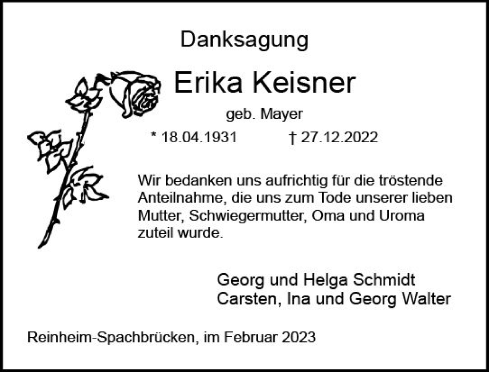  Traueranzeige für Erika Keisner vom 18.02.2023 aus Darmstädter Echo