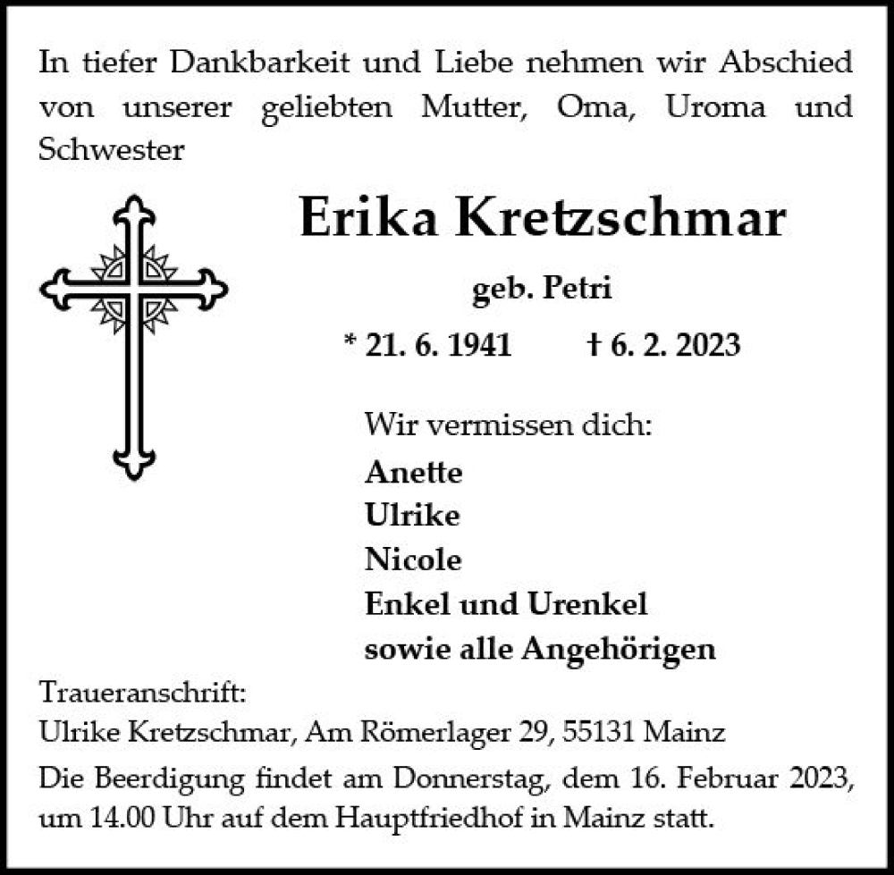  Traueranzeige für Erika Kretzschmar vom 11.02.2023 aus Allgemeine Zeitung Mainz