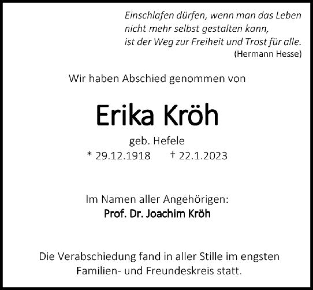  Traueranzeige für Erika Kröh vom 11.02.2023 aus Darmstädter Echo