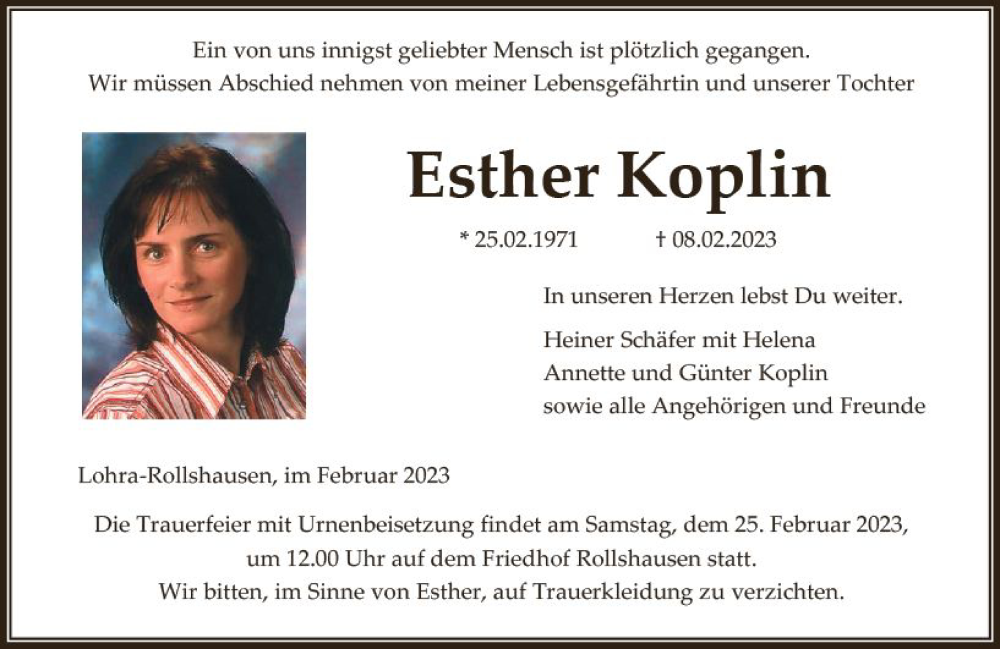  Traueranzeige für Esther Koplin vom 21.02.2023 aus Dill Block