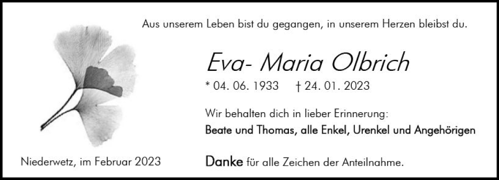  Traueranzeige für Eva-Maria Olbrich vom 11.02.2023 aus Wetzlarer Neue Zeitung