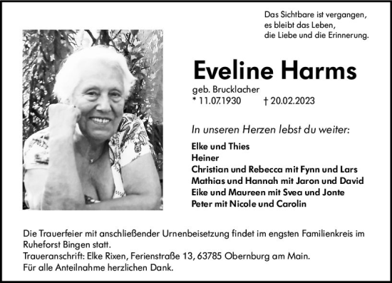 Traueranzeige von Eveline Harms von Allgemeine Zeitung Bingen/Ingelheim