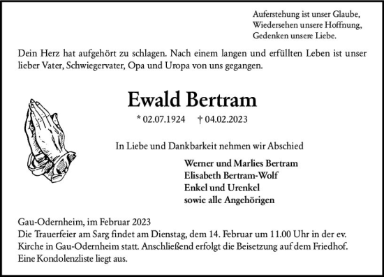 Traueranzeige von Ewald Bertram von Allgemeine Zeitung Alzey