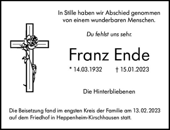 Traueranzeige von Franz Ende von Starkenburger Echo