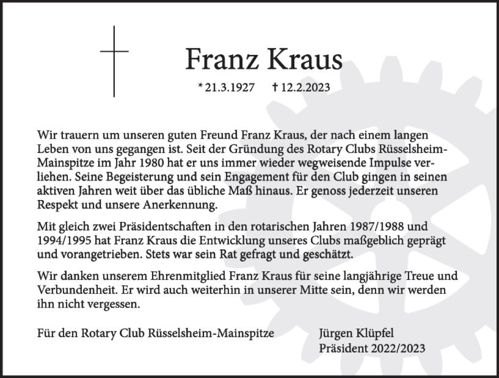  Traueranzeige für Franz Kraus vom 25.02.2023 aus Rüsselsheimer Echo