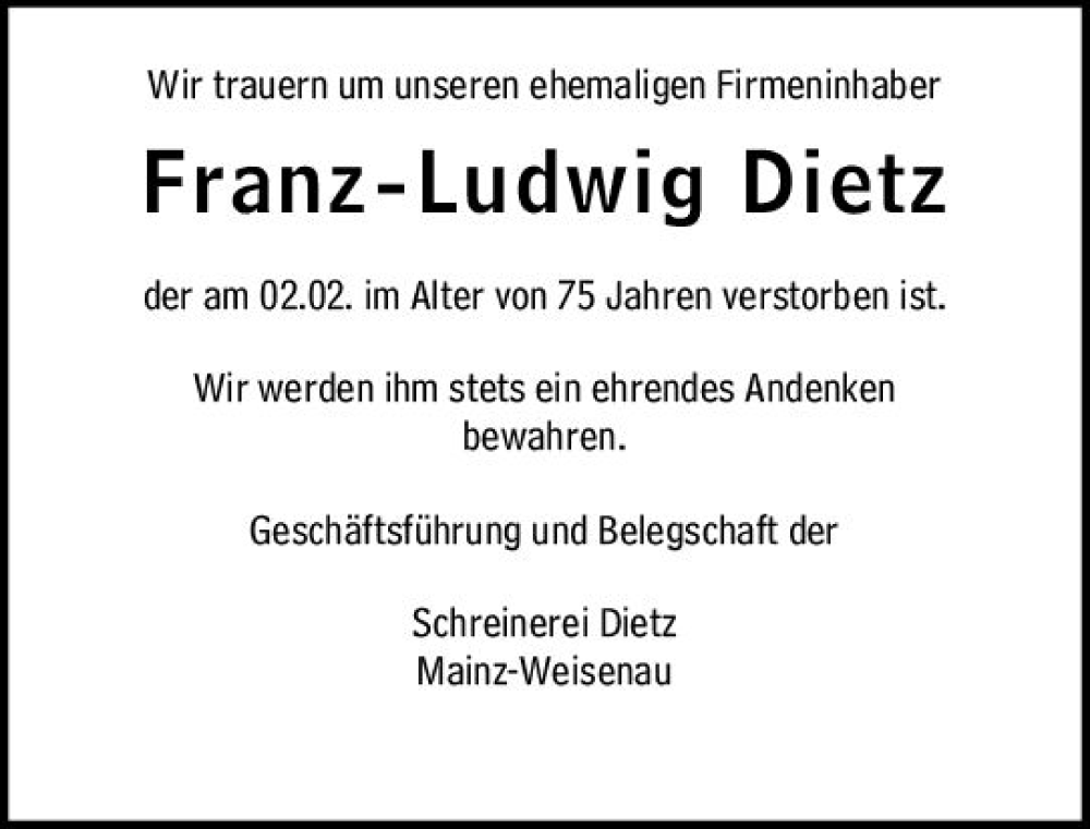  Traueranzeige für Franz-Ludwig Dietz vom 04.02.2023 aus Allgemeine Zeitung Mainz