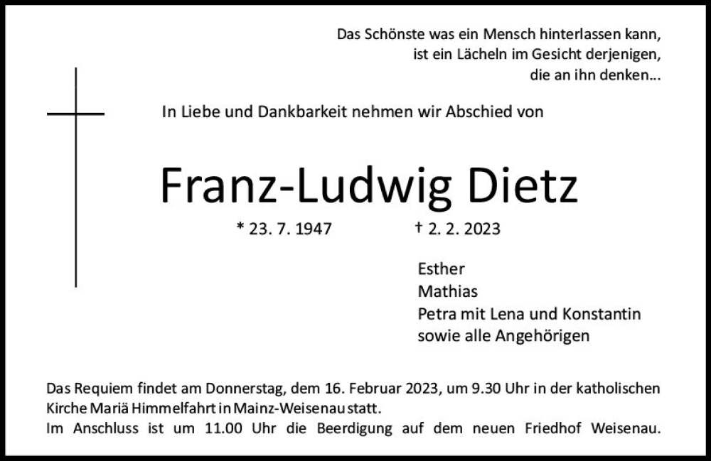  Traueranzeige für Franz-Ludwig Dietz vom 11.02.2023 aus Allgemeine Zeitung Mainz