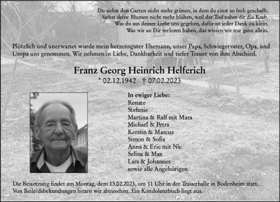Traueranzeige von Franz Georg Heinrich Helferich von Allgemeine Zeitung Mainz