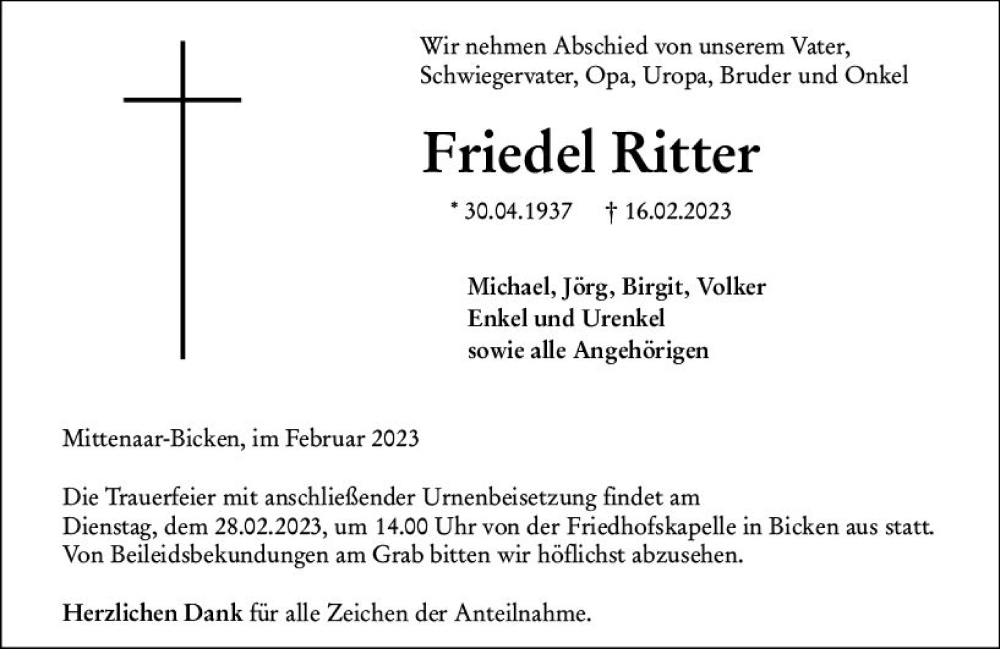  Traueranzeige für Friedel Ritter vom 23.02.2023 aus Dill Block