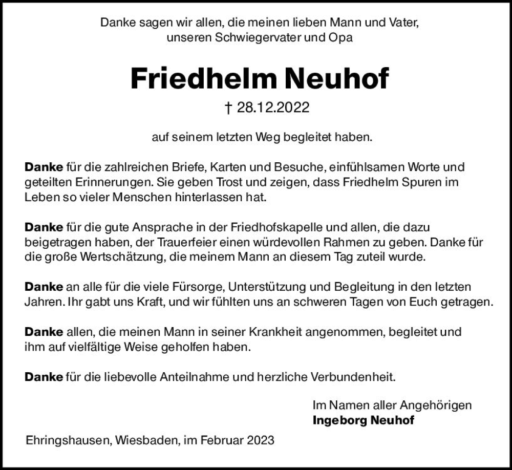  Traueranzeige für Friedhelm Neuhof vom 11.02.2023 aus Wetzlarer Neue Zeitung