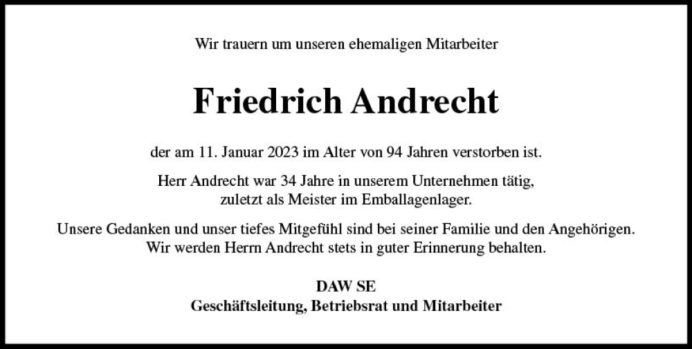  Traueranzeige für Friedrich Andrecht vom 08.02.2023 aus Darmstädter Echo