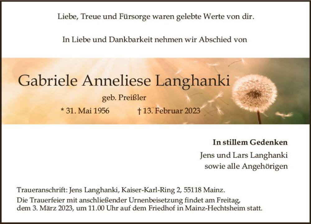  Traueranzeige für Gabriele Anneliese Langhanki vom 25.02.2023 aus Allgemeine Zeitung Mainz