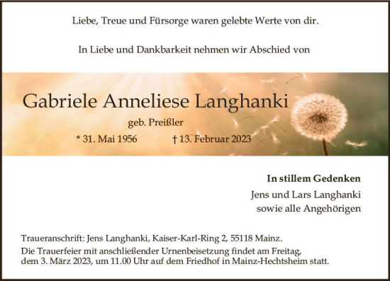 Traueranzeige von Gabriele Anneliese Langhanki von Allgemeine Zeitung Mainz