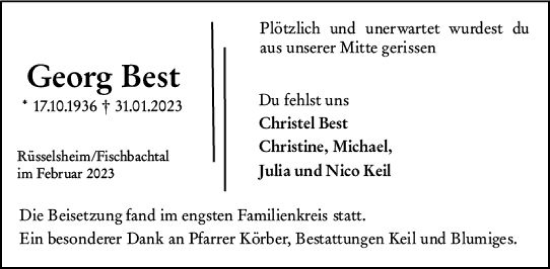 Traueranzeige von Georg Best von Rüsselsheimer Echo