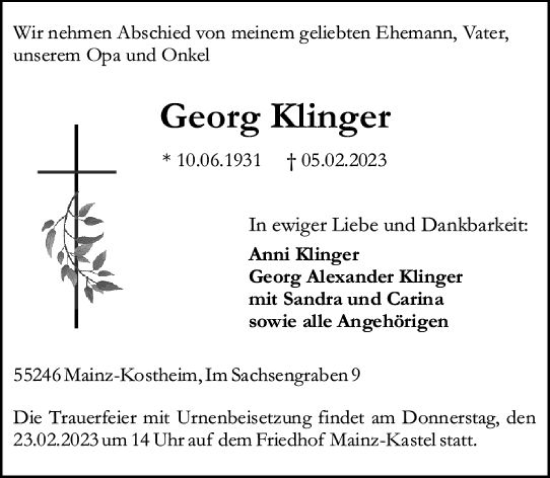 Traueranzeige von Georg Klinger von Allgemeine Zeitung Mainz