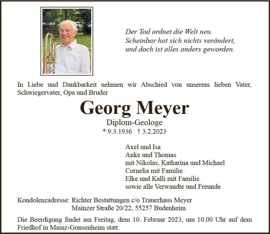 Traueranzeige von Georg Meyer von Allgemeine Zeitung Mainz