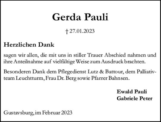 Traueranzeige von Gerda Pauli von Allgemeine Zeitung Mainz