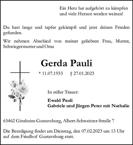 Traueranzeige von Gerda Pauli von Allgemeine Zeitung Mainz