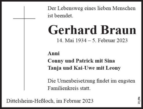Traueranzeige von Gerhard Braun von Wormser Zeitung
