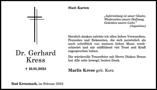 Traueranzeige von Gerhard Kress von Allgemeine Zeitung Bad Kreuznach