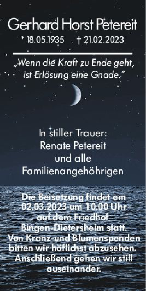 Traueranzeige von Gerhard Horst Petereit von Allgemeine Zeitung Bingen/Ingelheim