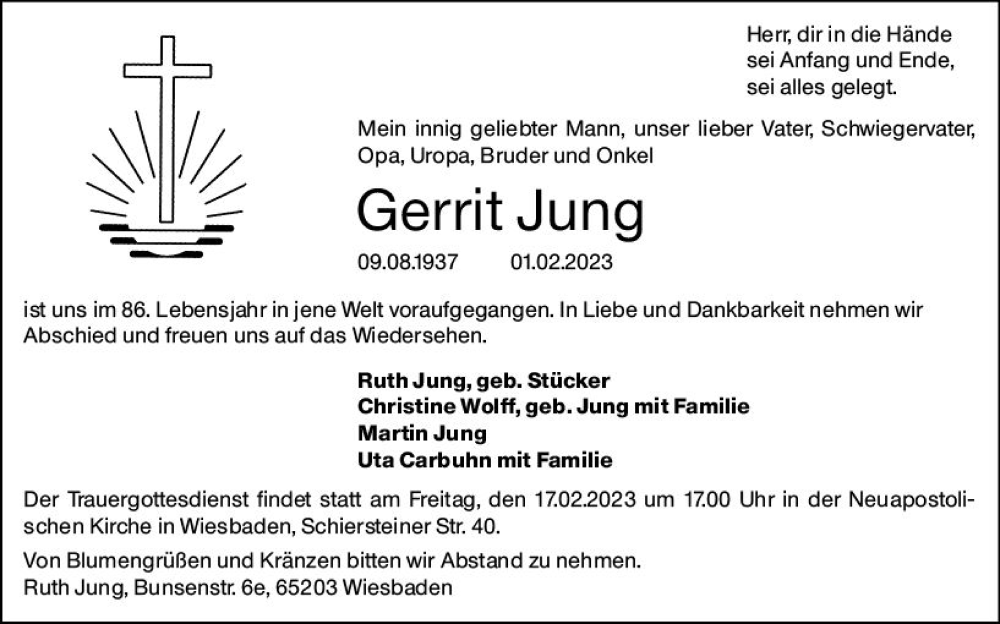  Traueranzeige für Gerrit Jung vom 11.02.2023 aus Wiesbadener Kurier gesamt