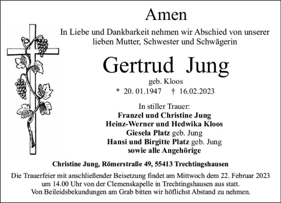 Traueranzeige von Gertrud Jung von Allgemeine Zeitung Bingen/Ingelheim