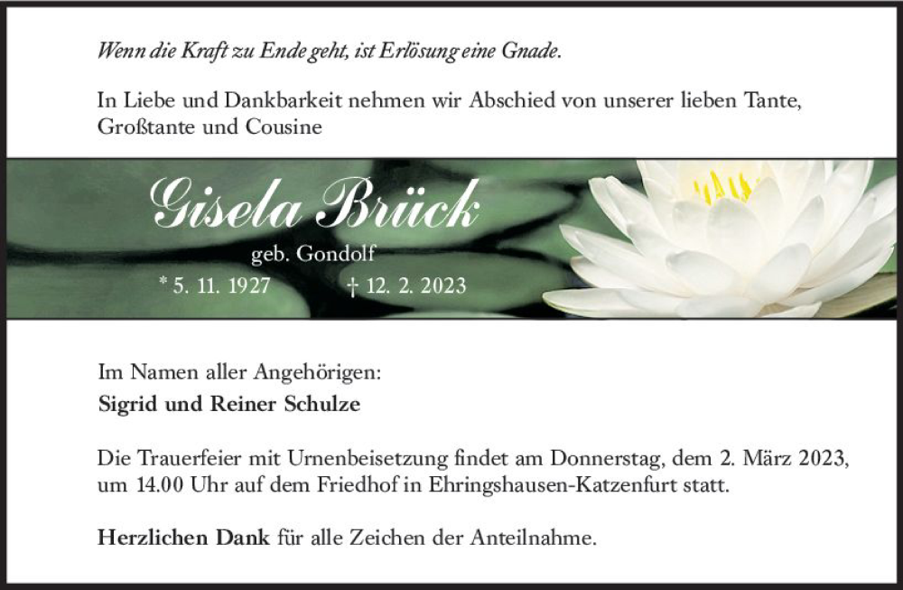  Traueranzeige für Gisela Brück vom 25.02.2023 aus Wetzlarer Neue Zeitung