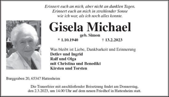 Traueranzeige von Gisela Michael von Rheingau Kurier