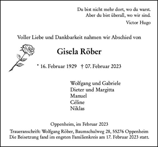 Traueranzeige von Gisela Röber von Allgemeine Zeitung Mainz