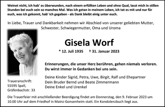 Traueranzeige von Gisela Worf von Allgemeine Zeitung Mainz